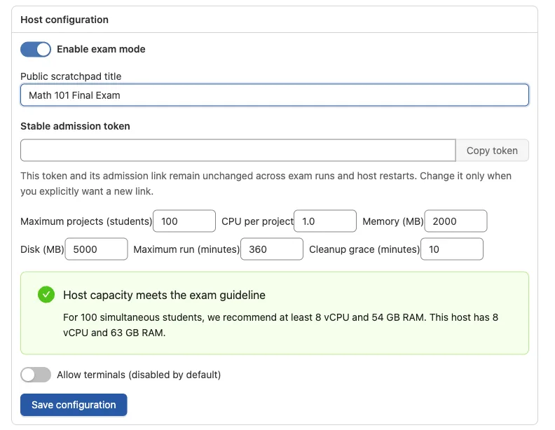 Host configuration with the title, per-student limits, capacity guidance, and terminal setting