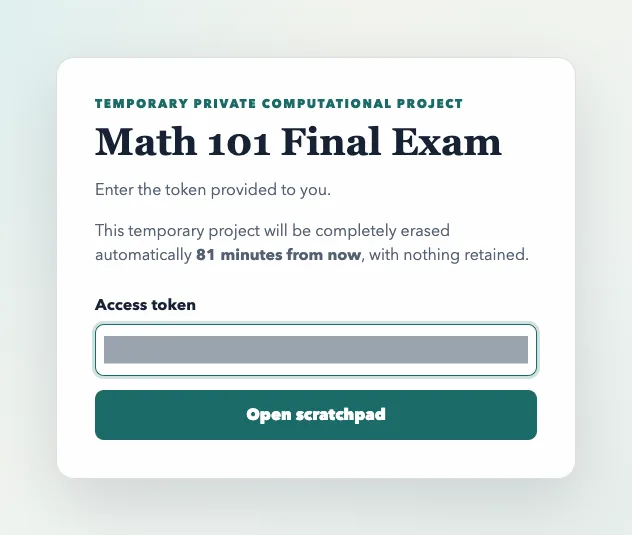 The student admission page with the access token obscured and Open scratchpad available